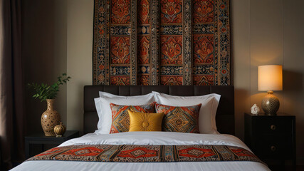 Luxurious and Cozy Bedroom Interior, Pillow with Unique Thai Patterns and Blanket on Bed