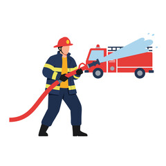 Fototapeta premium Firefighter in action with hose and fire truck in flat vector art