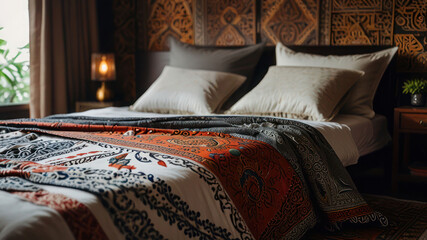 Luxurious and Cozy Bedroom Interior, Pillow with Unique Thai Patterns and Blanket on Bed
