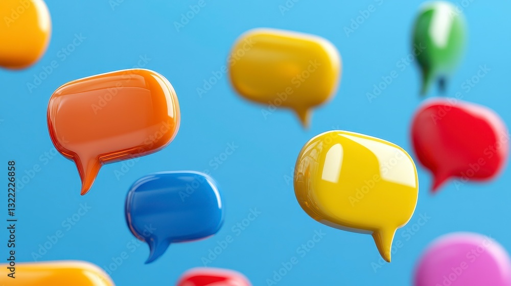 Poster colorful glossy speech bubbles float against a light blue background. a 3d rendering of communicatio