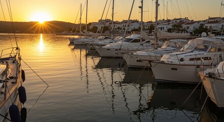  Yachts on the dock under a golden sunset sky, marina boats docked 