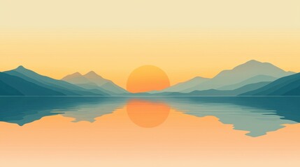 Obraz premium Golden sunlight casts a warm glow over a calm lake, reflecting the outlines of distant mountains and creating a peaceful atmosphere at dusk