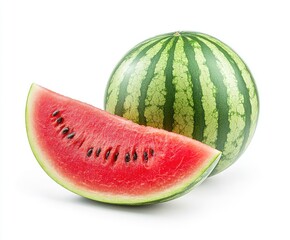 Fresh watermelon, whole and slice, isolated on white