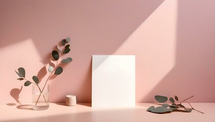 A minimalist studio shot features a blank white card standing upright on a light pink surface, set against a matching pink wall