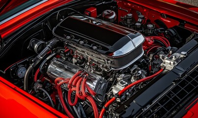 Fototapeta premium Gleaming Engine Bay: A Classic Car's Powerful Heart