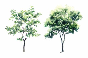 Set of watercolor green tree isolated on white background for landscape and architecture drawing, elements for environment and garden, botanical for section in spring