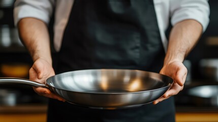 Chef showing a stainless steel pan in a professional kitchen