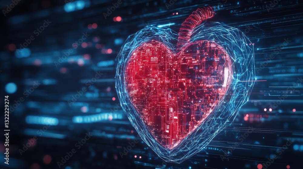 Poster artificial intelligence (ai) is represented by a heart shape combined with a circuit board, set agai