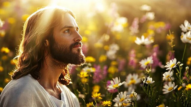 Jesus standing at flower field with sunset light, heavenly scenery