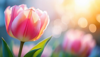 Blooming Tulip Flower on Pastel Bokeh Background Vivid Spring Mood in Soft Focus, Capturing the Essence of Blooming Life and Color