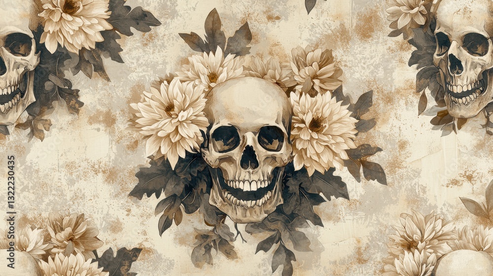 Poster This design showcases a repeating pattern of skulls adorned with flowers, set against a faded background, perfect for adding a unique touch to textiles or wall art
