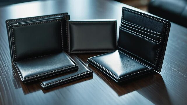 Various stylish black leather wallets displayed on a wooden surface in a well-lit indoor setting