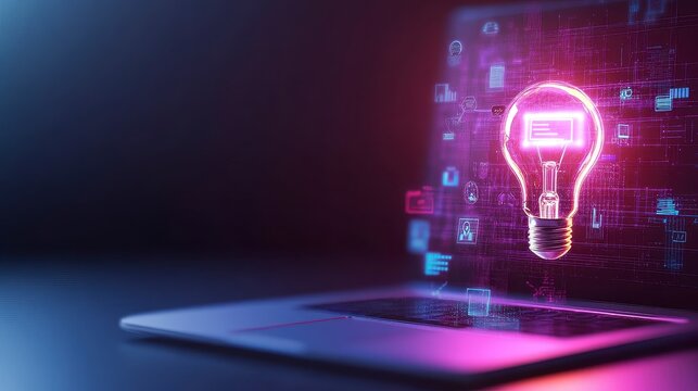 Digital lightbulb emerging from laptop screen, glowing pink and purple, dark background. Innovative technology concept