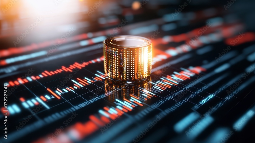 Aufkleber abstract digital gold cylinder on a dark tech background with glowing lines and data. futuristic and