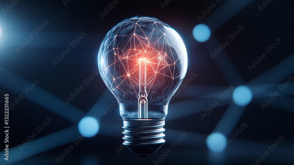 Poster glowing lightbulb with internal sparks against a dark background with a network of connections. the 