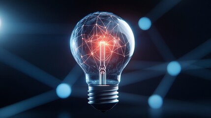 Glowing lightbulb with internal sparks against a dark background with a network of connections. The lightbulb is the focus, with a soft glow.