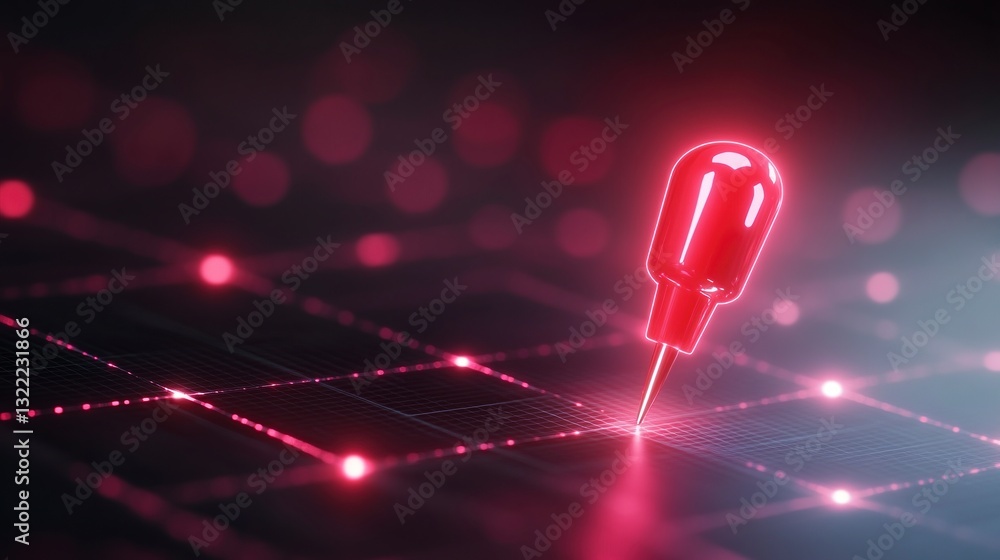 Aufkleber glowing red pin on dark grid, bokeh background. futuristic digital technology concept. abstract netw