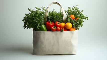 A tote bag filled with fresh vegetables and fruits placed on a clean white background showcasing healthy food