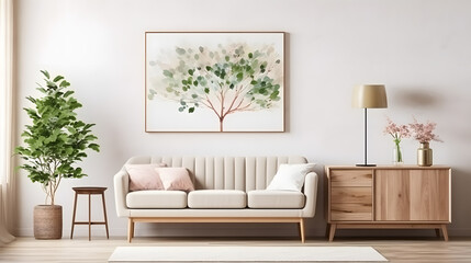 Fototapeta premium A living room with a couch, a coffee table, a lamp, and a potted plant
