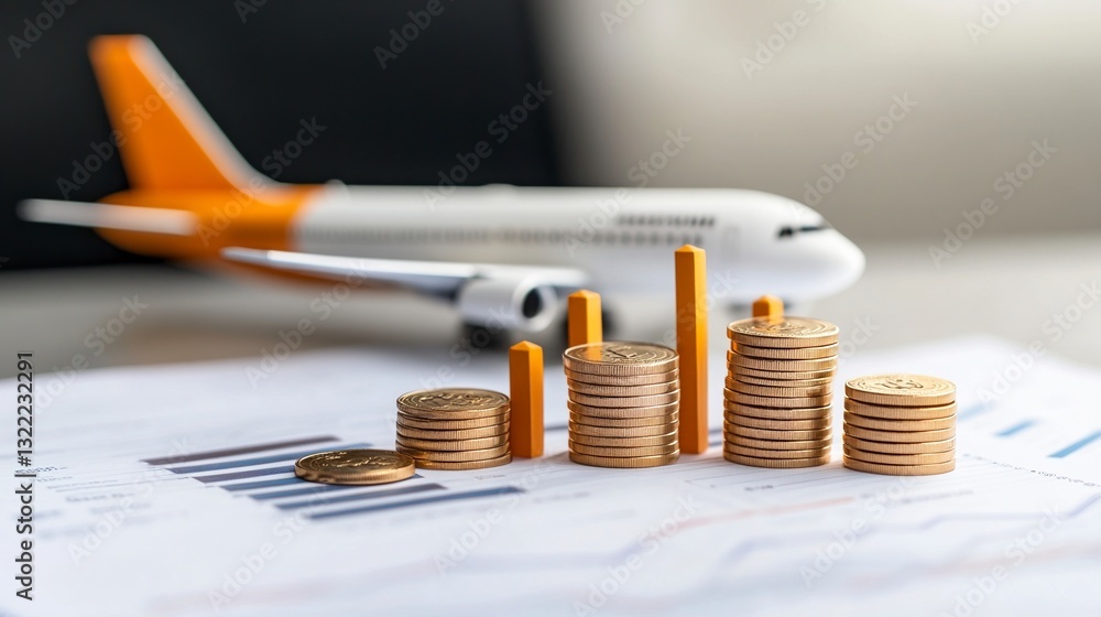 Poster close up of gold coins stacked in bar graph form on financial document with airplane model in backgr