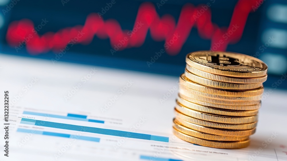 Poster close up of a stack of gold coins resting on financial documents with a blurred background showing a