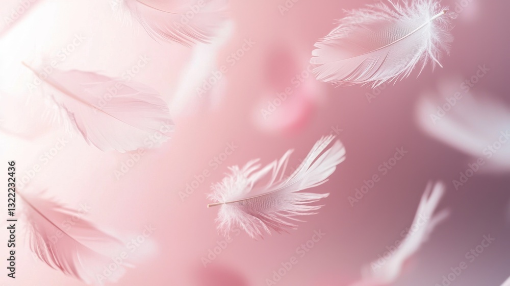 Poster delicate pink feathers float gracefully against a soft backdrop, evoking a sense of tranquility and 