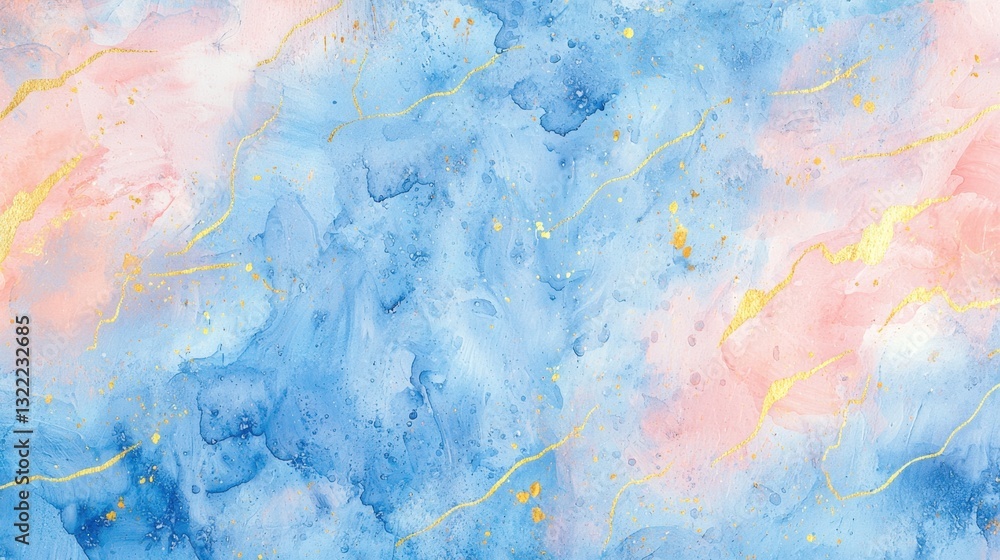 Poster bright hues of blue and pink create a fluid abstract background. soft gold streaks weave through the