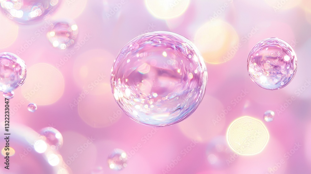 Poster delicate bubbles gently drift through a soft pink backdrop, illuminated by sparkling lights, creatin