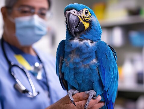 A veterinarian carefully inspecting a hyacinth macaw with vibrant blue feathers - Powered by Adobe