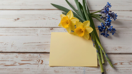 Spring yellow daffodils and blue muscari flowers, scilla on white wooden background and paper for greeting text