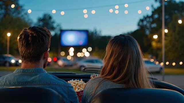 Romantic evening at a drive-in movie theater with a couple enjoying popcorn under string lights