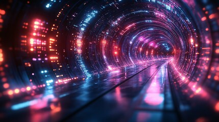 Obraz premium Futuristic technological tunnel pathway composed of bright glowing lights and color