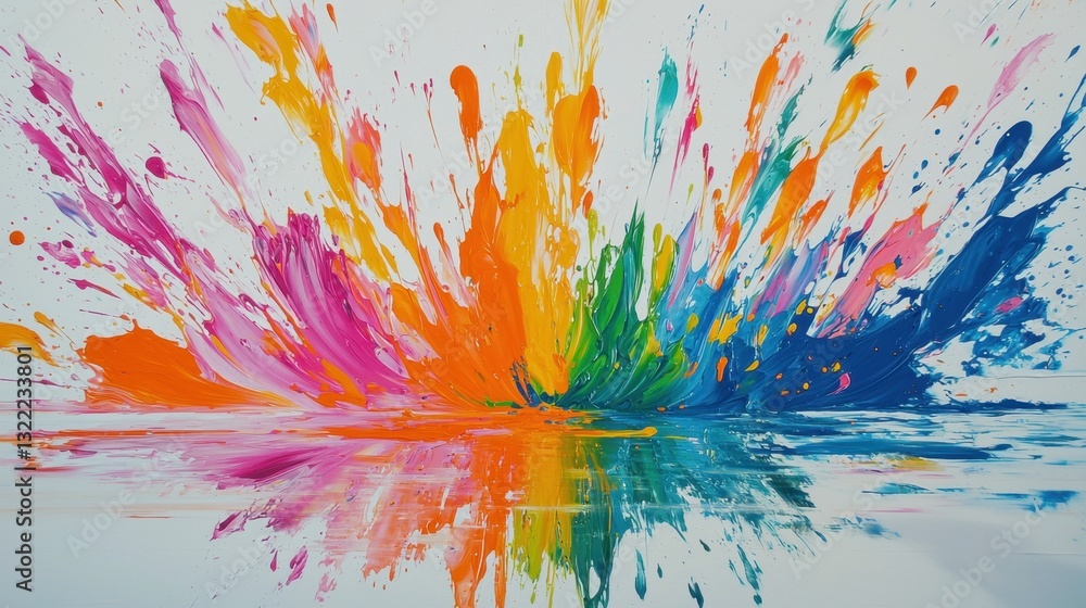 Poster splashes of bright colors blend harmoniously, creating a captivating visual effect on a white canvas