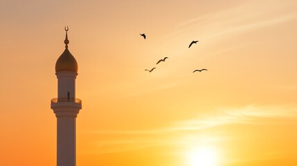 Obraz premium Ramadan, Silhouette of a tall tower, peaceful sunset backdrop, birds in flight, symbolizes tranquility and spiritual reflection.