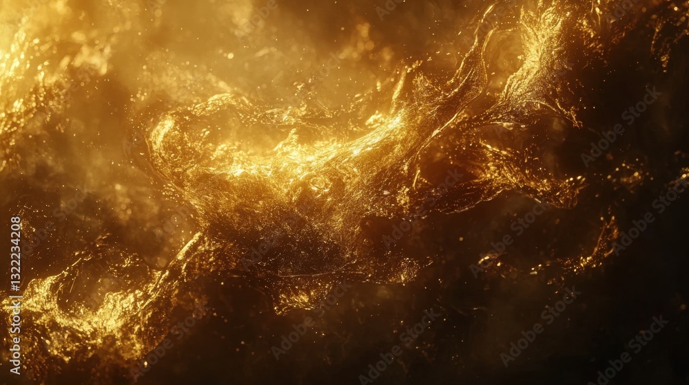 Poster swirling patterns in a vibrant golden hue create an ethereal effect against a dark background, evoki