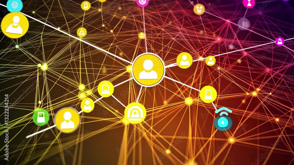 Poster dynamic network of connections highlighted by colorful light spots and digital icons representing va