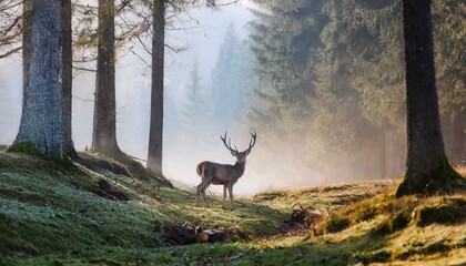 Wild deer in a foggy forest clearing