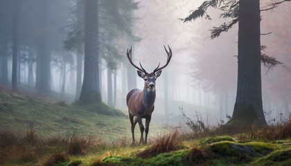 Wild deer in a foggy forest clearing