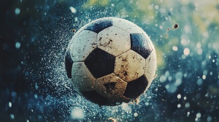 Fototapeta premium A soccer ball captured mid-air among tiny water droplets, creating a dynamic scene of motion and energy against a blurred, sunlit background.