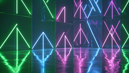Neon Light Tunnel with Reflective Floor