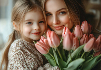 A tender portrait of a mother and daughter sharing a loving moment, perfect for Mother's Day cards, family marketing, and sentimental decor.