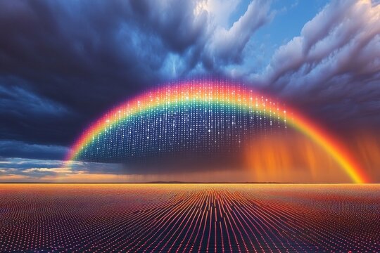Digital rainbow over dramatic sky and colorful landscape