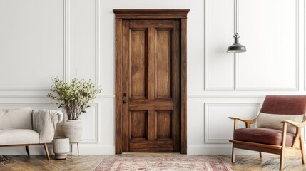 Fototapeta premium Elegant Interior Design: Wooden Door, Armchair and Modern Decor