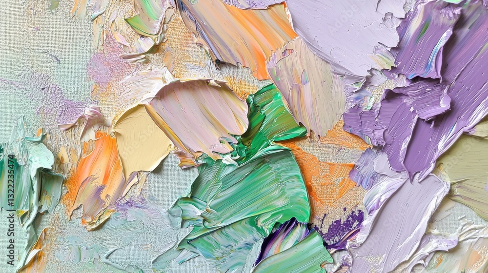 Poster bright and textured strokes of pastel colors create an abstract composition on canvas, highlighting 