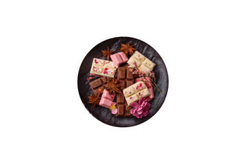 Multicolored handmade chocolate bars pink, white, brown colors