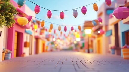 Ramadan, Vibrant street scene with colorful buildings, festive lanterns hanging above, inviting atmosphere for community gatherings.