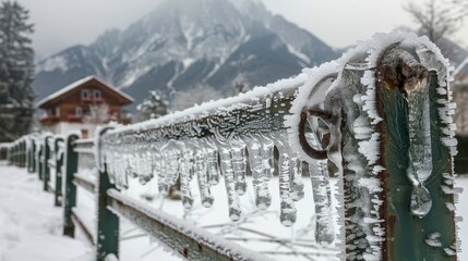 Close-Up, Frosty Metal Fence Adorned with Icicles, Scenic Winter Wonderland in Snowy Mountains