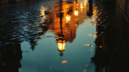 A puddle reflects glowing streetlights on a wet cobblestone surface, evoking a warm, atmospheric feel.