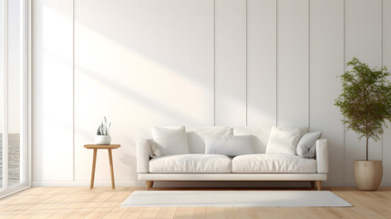 A white couch is in a room with a white wall