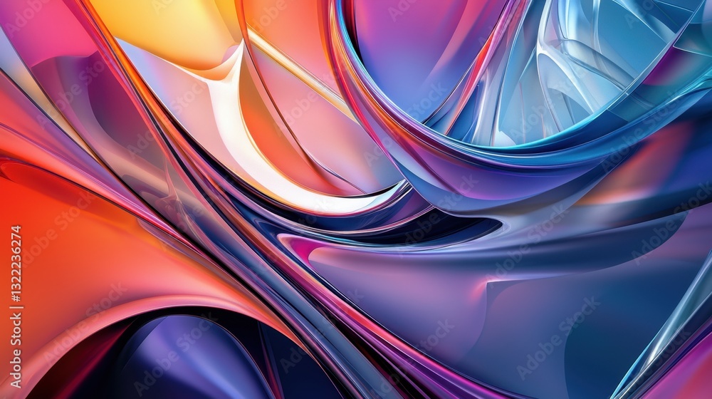 Poster swirling shapes in orange, blue, and purple interact in a fluid motion, creating a mesmerizing abstr